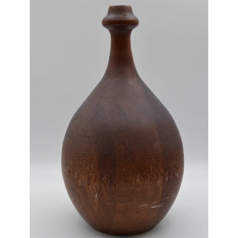 Antique Rare Hand Turned Solid Wood Vase Primitive Bulbous Bottle Decorative 12